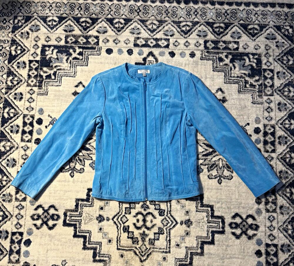Yvonne Le Marie for Revuee Women Blue Leather Suede Jacket Zip Size M